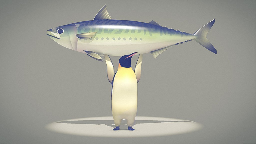 ambiguous_gender beak carrying_another duo feathers feral grey_background grey_body grey_scales scales shadow simple_background standing white_body white_feathers ka92 avian bird emperor_penguin fish mackerel marine penguin scombrid scombriform tuna 16:9 2018 3d_(artwork) digital_media_(artwork) widescreen