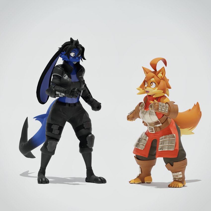 3_toes 5_toes amazed anthro armor armor_plates armored_gloves black_body black_eyes black_fur black_hair blue_body blue_eyes blue_fur breasts brown_body brown_eyes brown_fur brown_hair clothed clothed_anthro clothed_female clothing duo eye_contact feet female female_anthro fin floppy_ears fully_clothed fur gesture hair hand_gesture looking_at_another lop_ears multicolored_body multicolored_fur open_mouth plantigrade pointing pointing_at_another simple_background small_breasts stare stirrup_footwear tail tail_fin toes two_tone_body two_tone_fur white_background conditional_dnp domibun blender_cycles dog_knight_rpg warfare_machine domi_(domibun) maci_(ceehaz) warfare_domi canid canine canis hybrid lagomorph leporid mammal rabbit wolf 1:1 2024 3d_(artwork) absurd_res blender_(artwork) digital_media_(artwork) hi_res