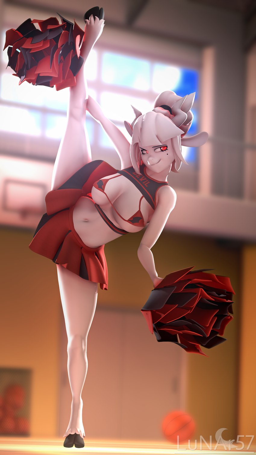 anthro breasts cheerleader_outfit clothed clothing female flexible hooves one_leg_up pose raised_leg skimpy solo splits spread_legs spreading standing text text_on_clothing text_on_topwear topwear unguligrade vertical_splits lunar57 helltaker moeflavor_cheerleader_uniform goat_lucifer_(helltaker) bovid caprine caprine_demon demon goat goat_demon mammal 3d_(artwork) 9:16 absurd_res digital_media_(artwork) english_text hi_res source_filmmaker_(artwork)