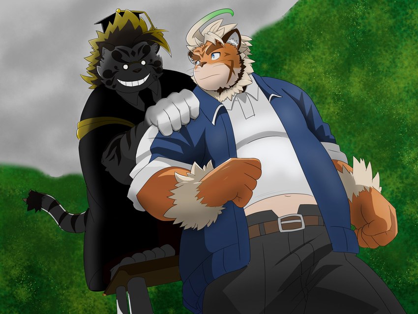 anthro belly bottomwear clothing duo hat headgear headwear humanoid_hands kemono male orange_body outside overweight overweight_male pants shirt topwear white_body p9ck0flzndagqio assassination_classroom lifewonders tokyo_afterschool_summoners hombre_tigre_(tas) koro-sensei licho_(tas) felid mammal pantherine tiger 2021 4:3 hi_res