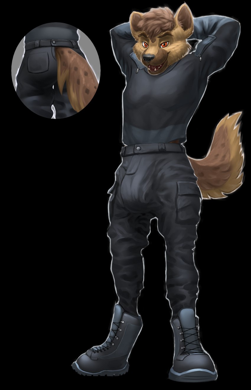 anthro athletic big_bulge black_clothing black_nose boots bottomwear brown_body brown_eyes brown_fur bulge cargo_pants clothing combat_boots combat_shirt cutaway digitigrade digitigrade_boots footwear fur hands_behind_head looking_at_viewer male markings pants raised_arms shirt shoes smile smiling_at_viewer solo spots spotted_body spotted_fur tactical_pants tail tan_body tan_fur topwear dsw7 jarl_hyena hyena mammal spotted_hyena 2023 alpha_channel hi_res