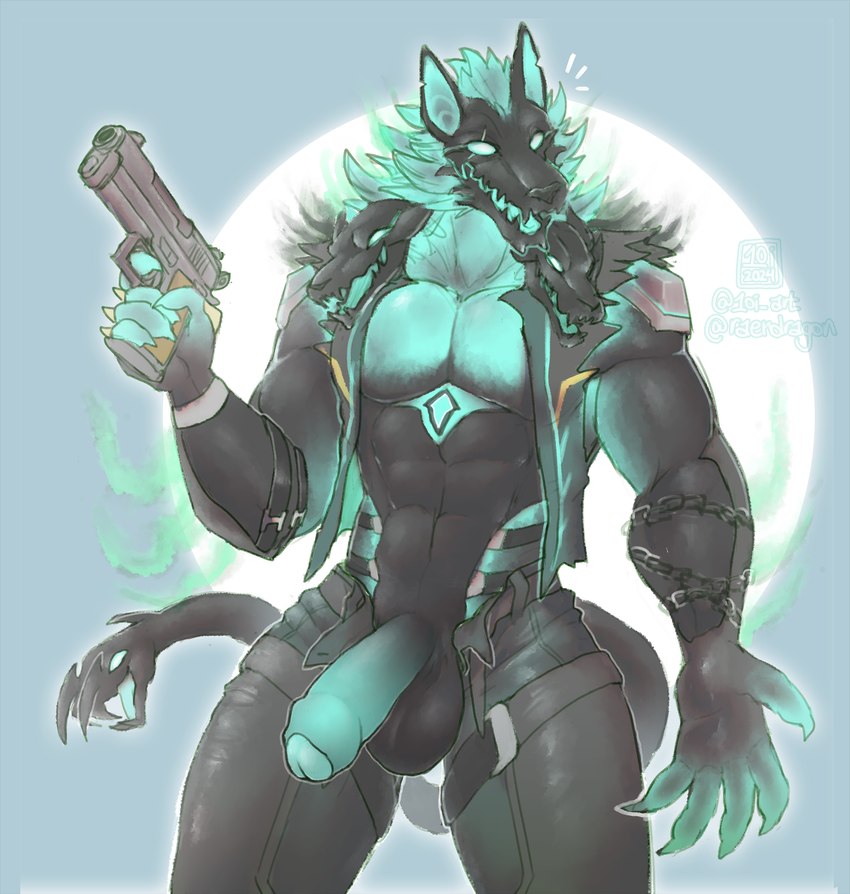 5_fingers abs anthro balls biceps black_body bottomwear claws clothed clothing fingers foreskin genitals gun hair handgun holding_gun holding_object holding_ranged_weapon holding_weapon humanoid_genitalia humanoid_penis looking_at_viewer male male_anthro muscular muscular_anthro muscular_male pants pecs penis pistol ranged_weapon simple_background solo tail unzipped unzipped_pants weapon zipper 1oi conditional_dnp epic_games fortnite mythology cerberus_(fortnite) canid canid_demon canine canis demon hellhound mammal mythological_canine mythological_creature absurd_res digital_media_(artwork) hi_res