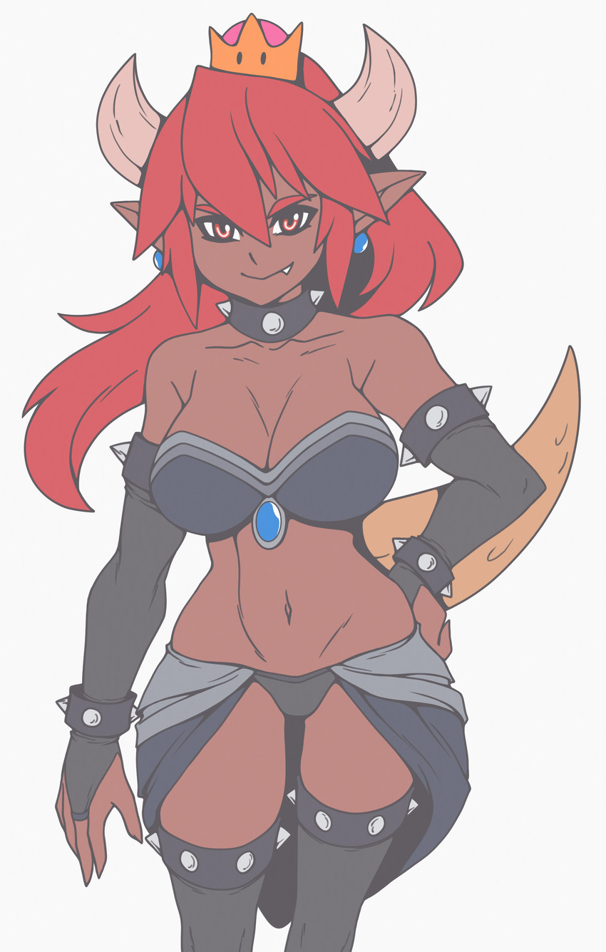 alternate_species armwear breasts clothing crossgender crown dark_body dark_skin ear_piercing ear_ring female hair headgear horn humanoid_pointy_ears humanoidized legwear long_hair mtf_crossgender navel not_furry piercing pointy_ears red_eyes red_hair ring_piercing simple_background solo super_crown abysswatchers bowsette_meme mario_bros nintendo bowser horned_humanoid humanoid 2019 absurd_res hi_res meme