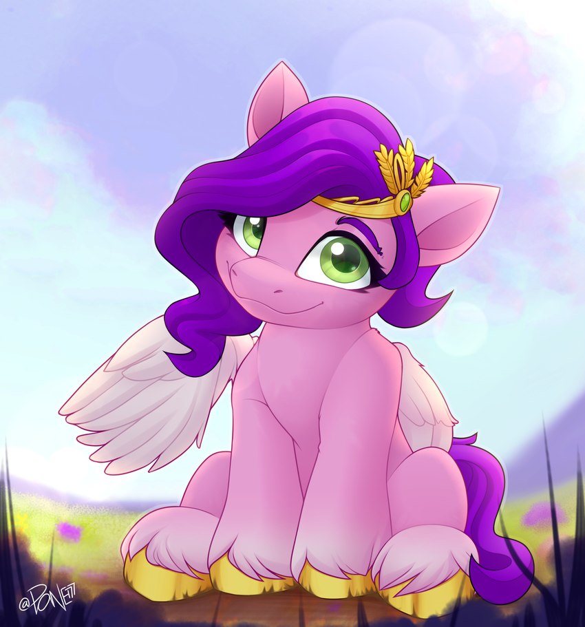 crown eyelashes feathered_wings feathers female feral fetlocks fur green_eyes hair headgear hooves leg_tuft pink_body pink_feathers pink_fur purple_hair purple_tail sitting smile solo tail tuft wings rivin177 hasbro mlp_g5 my_little_pony mythology pipp_petals_(mlp) equid equine mammal mythological_creature mythological_equine pegasus digital_media_(artwork) hi_res