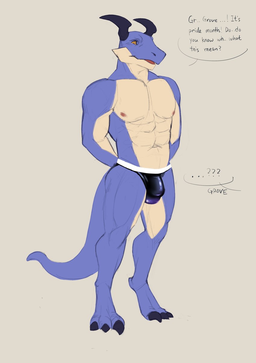 anthro blue_body blue_scales clothing dialogue male muscular muscular_male nipples scales shy solo tail text underwear lacsap_tong grove_(game) mythology kuno_(regalbuster) dragon mythological_creature mythological_scalie scalie absurd_res english_text hi_res