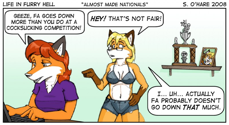 anthro award clothed clothing computer duo electronics eyewear female glasses humor internet joke skimpy text the_truth trophy sean_o'hare furaffinity life_in_furry_hell alexandra_williams trani canid canine fox mammal 2008 comic english_text