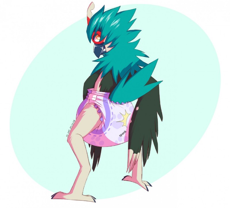 ambiguous_gender anthro beak clean_diaper clothed clothing diaper feathered_wings feathers simple_background solo wearing_diaper wings furrychrome nintendo pokemon decidueye generation_7_pokemon pokemon_(species) shiny_pokemon