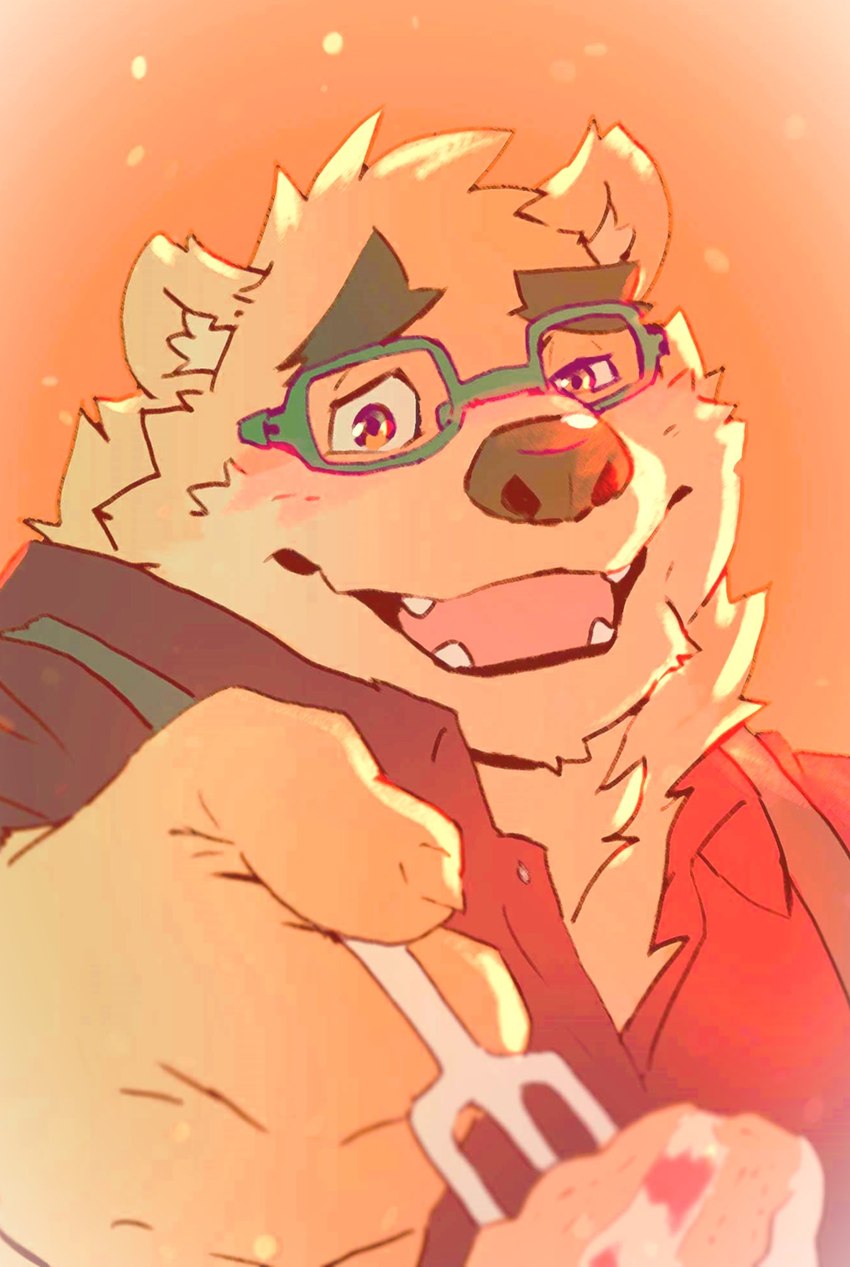 anthro blush brown_body brown_fur cake cutlery dessert eyebrows eyewear feeding_viewer food fork fur glasses kitchen_utensils male smile solo thick_eyebrows tools heylaw21 lifewonders tokyo_afterschool_summoners volos_(tas) bear mammal hi_res