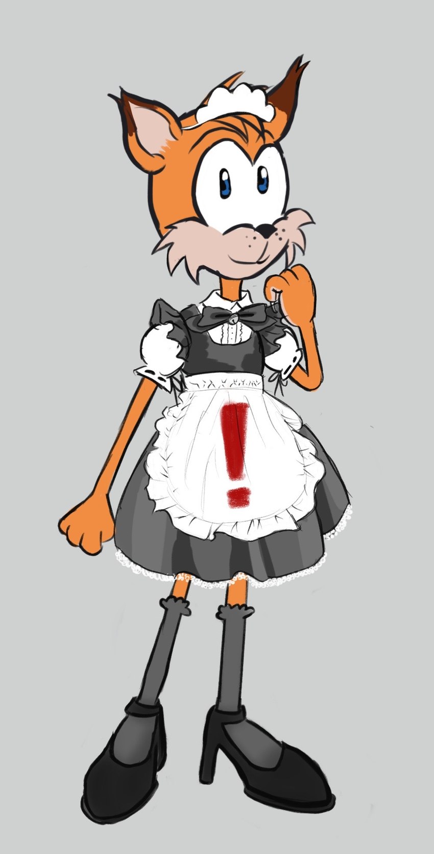 anthro bow_ribbon clothed clothing crossdressing footwear fur happy high_heels legwear long_socks maid_apron maid_headdress maid_uniform male puffy_sleeves shoes solo stockings uniform walking negafelix bubsy_(series) bubsy bubsy_bobcat bobcat felid feline lynx mammal hi_res