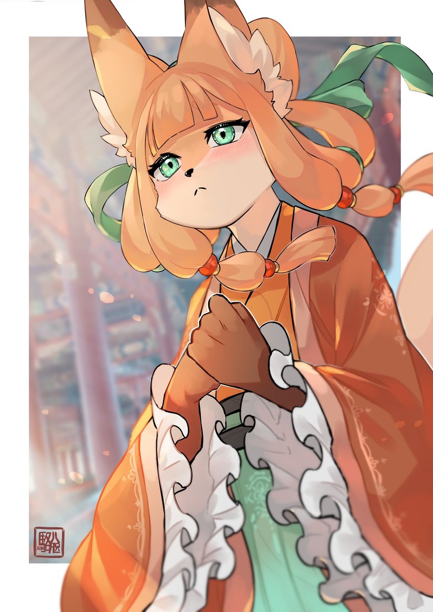 5_fingers anthro asian_clothing chinese_clothing clothed clothed_anthro clothed_female clothing east_asian_clothing eyebrows eyelashes female female_anthro fingers fur green_eyes hair hanfu inner_ear_fluff kemono orange_body orange_fur orange_hair solo traditional_dress tuft kawarage_yatano fox-chan_(kawarage_yatano) canid canine fox mammal 2022 hi_res