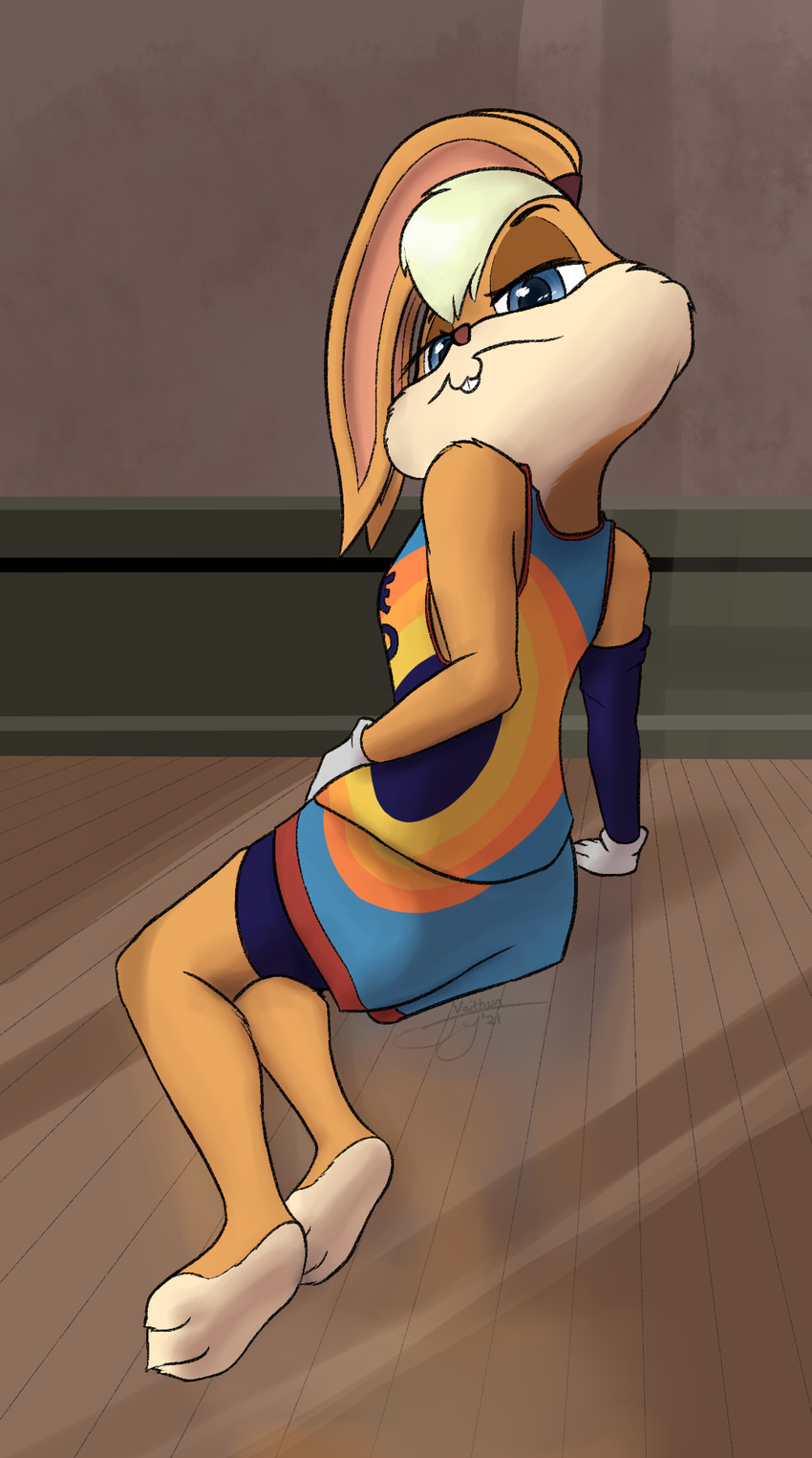 3_toes anthro barefoot bottomwear cheek_tuft clothed clothing facial_tuft feet female fully_clothed fur gloves handwear shorts sitting solo toes tuft vaithun looney_tunes warner_brothers lola_bunny lagomorph mammal hi_res