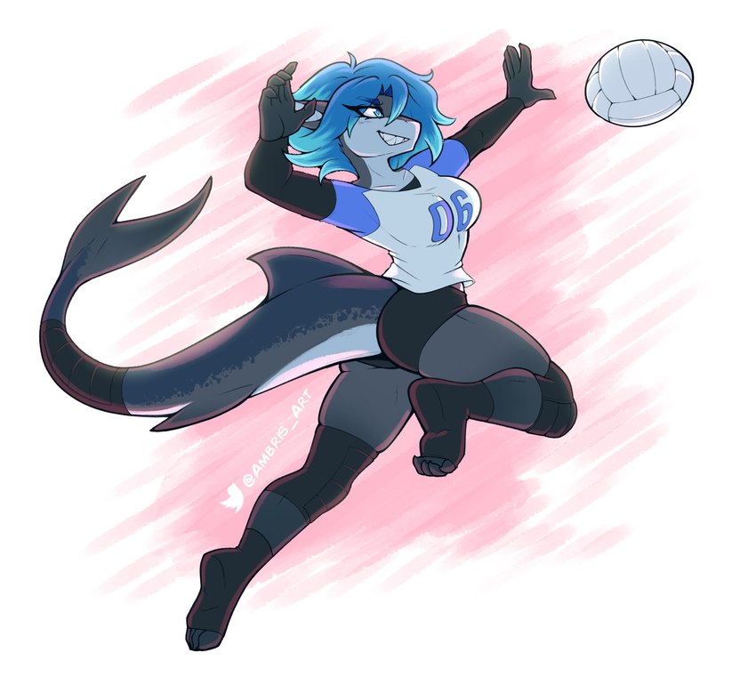 anthro ball blue_eyes blue_hair bottomwear breasts butt clothing collarbone eyebrows eyelashes feet female footwear grey_body hair short_hair shorts solo sport toeless_footwear volleyball volleyball_(ball) ambris erika_(ambris) fish marine shark 2023 hi_res