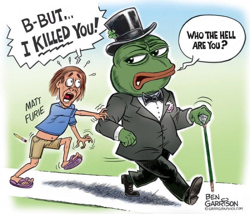 anthro bow_(feature) bow_tie brown_hair business_suit cane clothed clothing clover_(plant) dialogue duo flippers hair hat headgear headwear male navel plant political_cartoon politics suit text top_hat ben_garrison 4chan matt_furie_(character) pepe_the_frog amphibian frog human mammal english_text meme