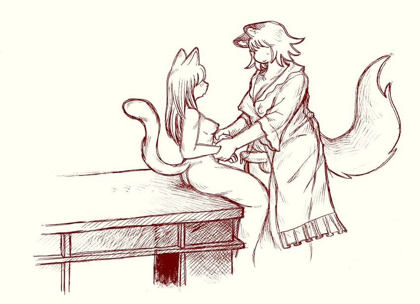 anthro areola biped breasts clothing cum_dripping_from_penis duo erection eyeless female frilly frilly_clothing genitals gynomorph hair holding_wrist intersex long_hair nipple_outline nipples nude penis simple_background sitting smile standing tail white_background bonnie_guerra domestic_cat felid feline felis mammal hi_res restricted_palette