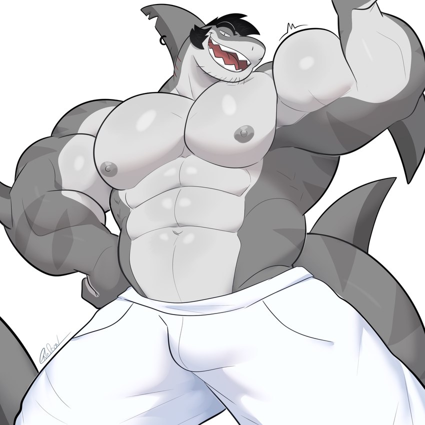 abs anthro barazoku biceps black_hair bottomwear clothing facial_hair fin fin_piercing furgonomics furry-specific_piercing grey_body hair looking_at_viewer male multicolored_body muscular muscular_anthro muscular_male pants pecs piercing pupils smile solo tail white_body white_bottomwear white_clothing white_pants same22shark kim_(thesharksame) fish marine shark 1:1 2024 digital_media_(artwork) hi_res