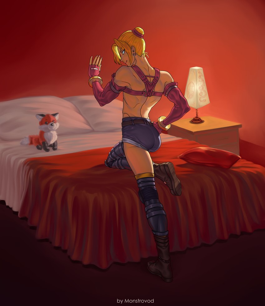 athletic back_muscles bed bed_sheet bedding bedroom blonde_hair blue_eyes bottomwear bracelet butt clothing cutoffs denim denim_bottomwear denim_clothing fingerless_clothes furniture hair hotel jewelry knee_pads lamp looking_at_viewer male pillow pink_clothing plushie shorts solo transformation transformation_sequence monstrovod bloody_roar konami fox_(bloody_roar) hans_taubemann human humanoid mammal absurd_res hi_res