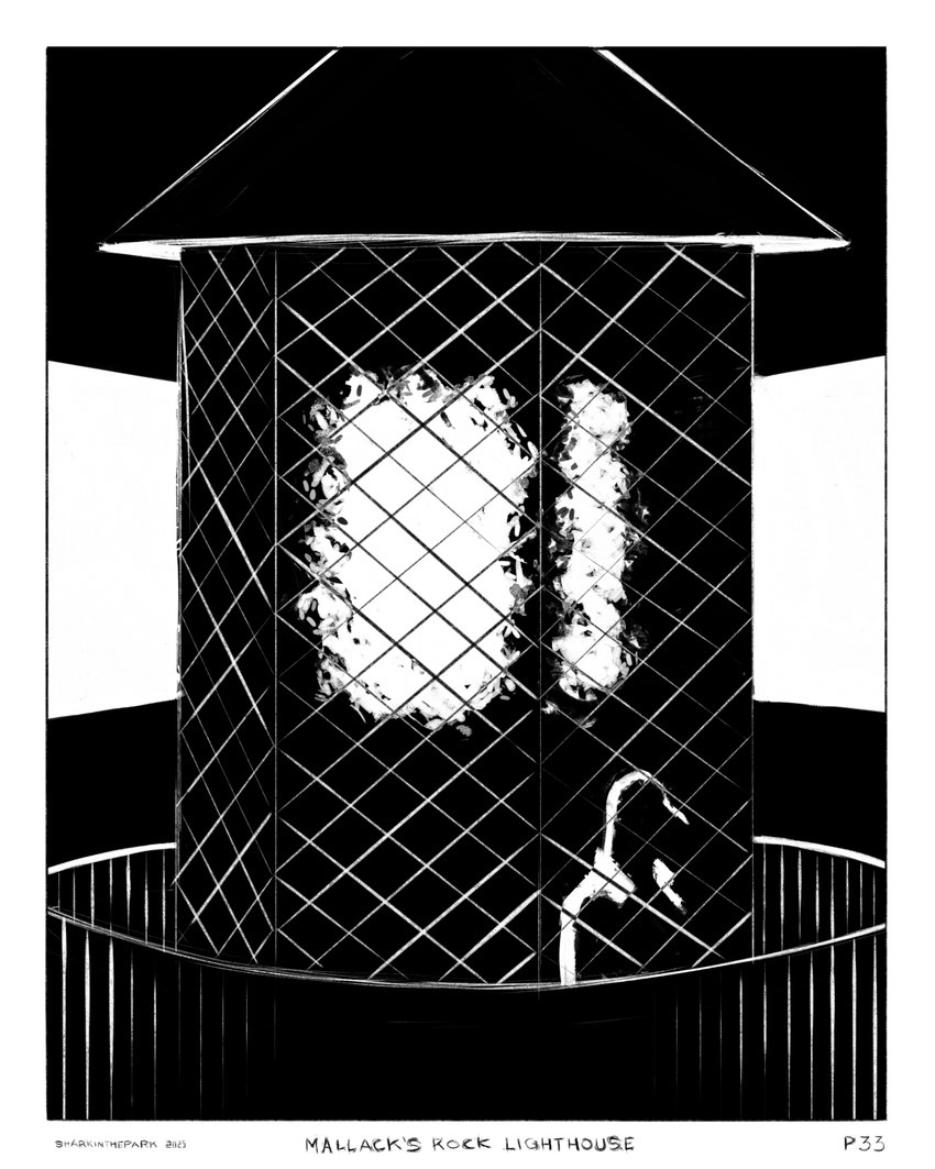 ambiguous_gender border clothing coat glass light light_beam looking_away night railing silhouette solo topwear white_border beacon sharkinthepark komo_(sharkinthepark) 2025 4:5 absurd_res black_and_white comic hi_res monochrome