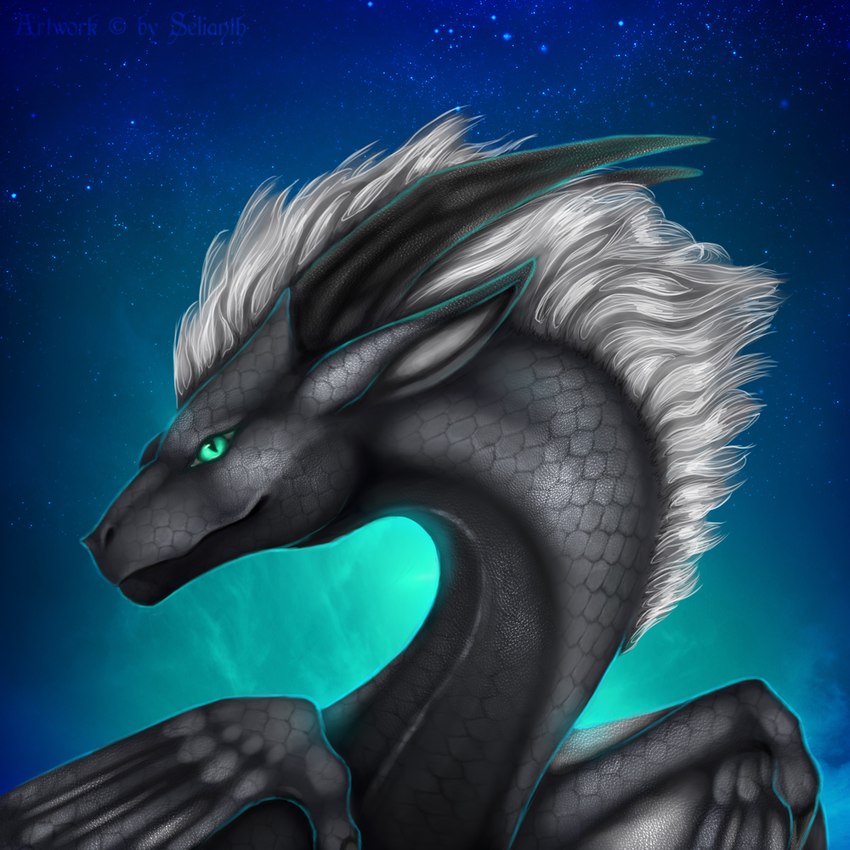 ambiguous_gender black_body black_ears black_horn black_scales black_wings fantasy feral green_eyes horn mane membrane_(anatomy) membranous_wings scales sky solo space star starry_sky white_mane wings selianth mythology aros_(aros) dragon mythological_creature mythological_scalie scalie 1:1 bust_portrait portrait