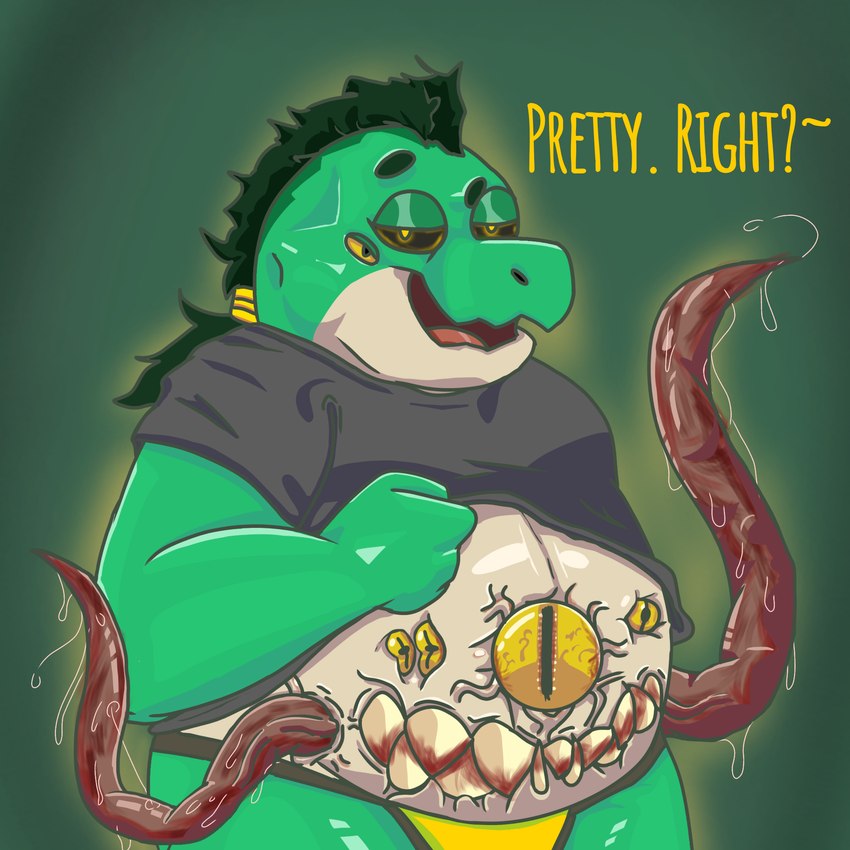 anthro bedroom_eyes belly blood bodily_fluids body_mouth clothed clothing clothing_lift extra_mouth gore green_body green_skin hair male mohawk narrowed_eyes overweight parasite ponytail seductive solo teeth tentacles underwear yellow_clothing yellow_underwear aptertheraptor jebthelizard hybrid lizard monster reptile scalie 1:1 hi_res