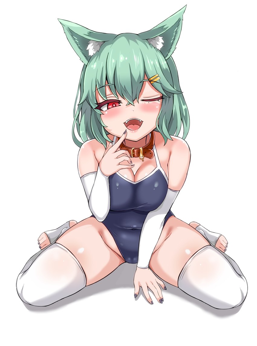 blush breasts cleavage clothed clothing collar female green_hair hair legwear solo swimwear thigh_highs kim_wang_jyang animal_humanoid humanoid absurd_res hi_res