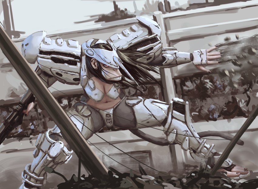 5_toes anthro armor bared_teeth big_breasts black_hair black_nails breasts cleavage clothed clothing codpiece colored_nails cosplay ear_piercing feet female fur glowing glowing_eyes grey_body grey_fur gun hair holding_gun holding_object holding_ranged_weapon holding_weapon long_hair machine mecha mecha_musume nails piercing prehensile_feet pupils ranged_weapon red_pupils solo toes topwear weapon wide_stance redustheriotact armored_core_(series) fromsoftware beth_(redustheriotact) white_glint_(armored_core) haplorhine mammal monkey primate robot 2022 absurd_res hi_res