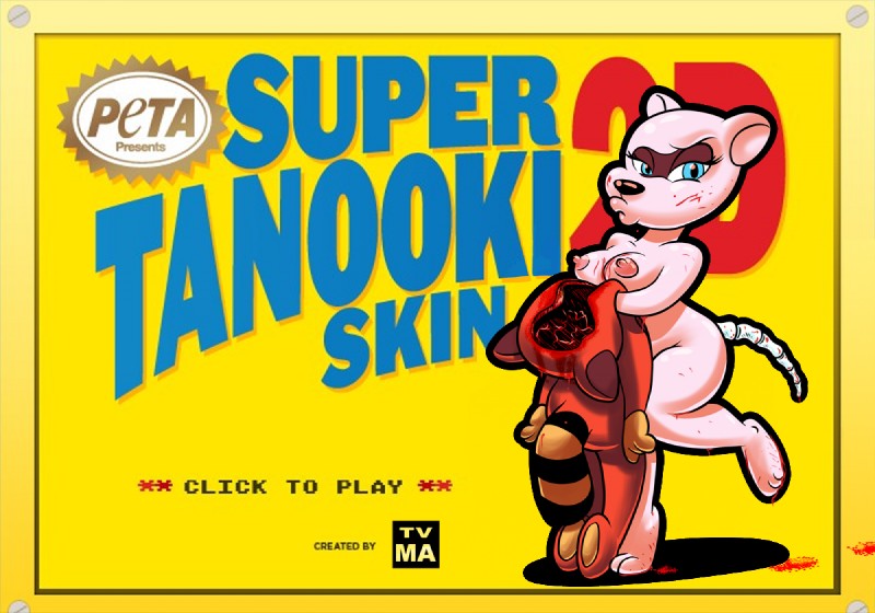 anthro blood blue_eyes bodily_fluids bone breasts clothing costume female gore nipples screencap screencap_background solo tail tanuki_costume text tvma mario_bros nintendo peta super_tanooki_skin_2d canid canine mammal raccoon_dog tanuki english_text