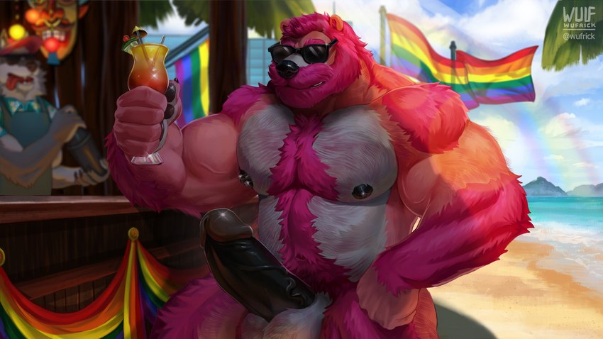 abdominal_hair aloha_shirt anthro apron arm_hair arm_tuft balls banner bar bartender beach beard beverage biceps black_nipples black_penis body_hair chest_hair chest_tuft claws clothed clothing cloud container cup deltoids drinking_glass duo eyewear facial_hair finger_claws flag fur genitals glass glass_container glass_cup hair hairy_legs hairy_male happy_trail humanoid_genitalia humanoid_penis lgbt_pride male mask mountain musclegut muscular muscular_anthro muscular_male mustache nipple_piercing nipples nude nude_male outside palm_tree pattern_clothing pattern_shirt pattern_topwear pawpads penis piercing pink_body pink_fur pink_hair plant pride_color_banner pride_color_flag pride_colors rainbow rainbow_flag rainbow_pride_colors rainbow_pride_flag rainbow_symbol sand sea seaside shirt six-stripe_rainbow_pride_colors sunglasses sunny topwear trail tree tuft vein veiny_muscles veiny_penis water wave wufrick rex_(furrybeefrex) bear canid canine canis mammal ursine wolf 16:9 2022 4k absurd_res hi_res signature watermark widescreen