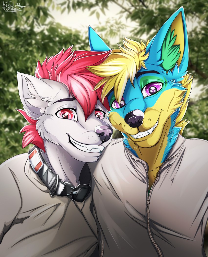 anthro black_nose blue_body blue_fur clothed clothing day detailed_background eyebrows eyelashes fur hair male outside purple_eyes red_eyes red_hair smile teeth yellow_body yellow_fur tai_l_rodriguez kale_(kinit935) canid canine canis coyote domestic_dog mammal 2022 absurd_res digital_media_(artwork) hi_res