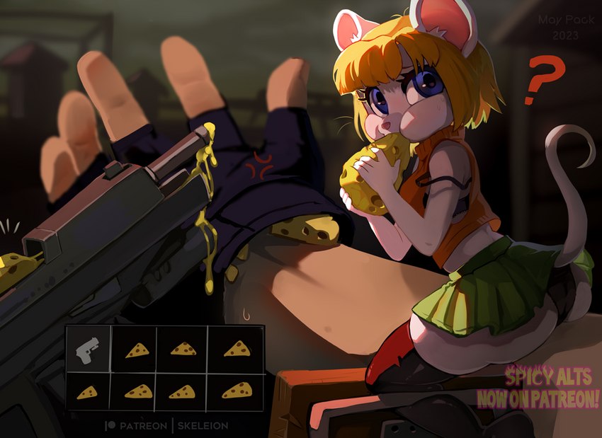 alternate_species ambiguous_gender ambiguous_pov anthro bangs blonde_hair blue_eyes bottomwear butt cheek_bulge cheese clothed clothing crop_top dairy_products duo eyelashes female fingerless_gloves fingers first_person_view food furrification gameplay_mechanics gloves green_bottomwear green_clothing green_skirt gun hair handwear holding_food holding_object humanoid_hands legwear looking_at_viewer midriff mostly_offscreen_character mouse_trap panties question_mark ranged_weapon shirt short_hair skirt tail tail_under_skirt tail_upskirt topwear trap_(contrivance) underwear upskirt weapon skeleion capcom resident_evil ashley_graham_(resident_evil) moushley mammal mouse murid murine rodent 2023 digital_media_(artwork)