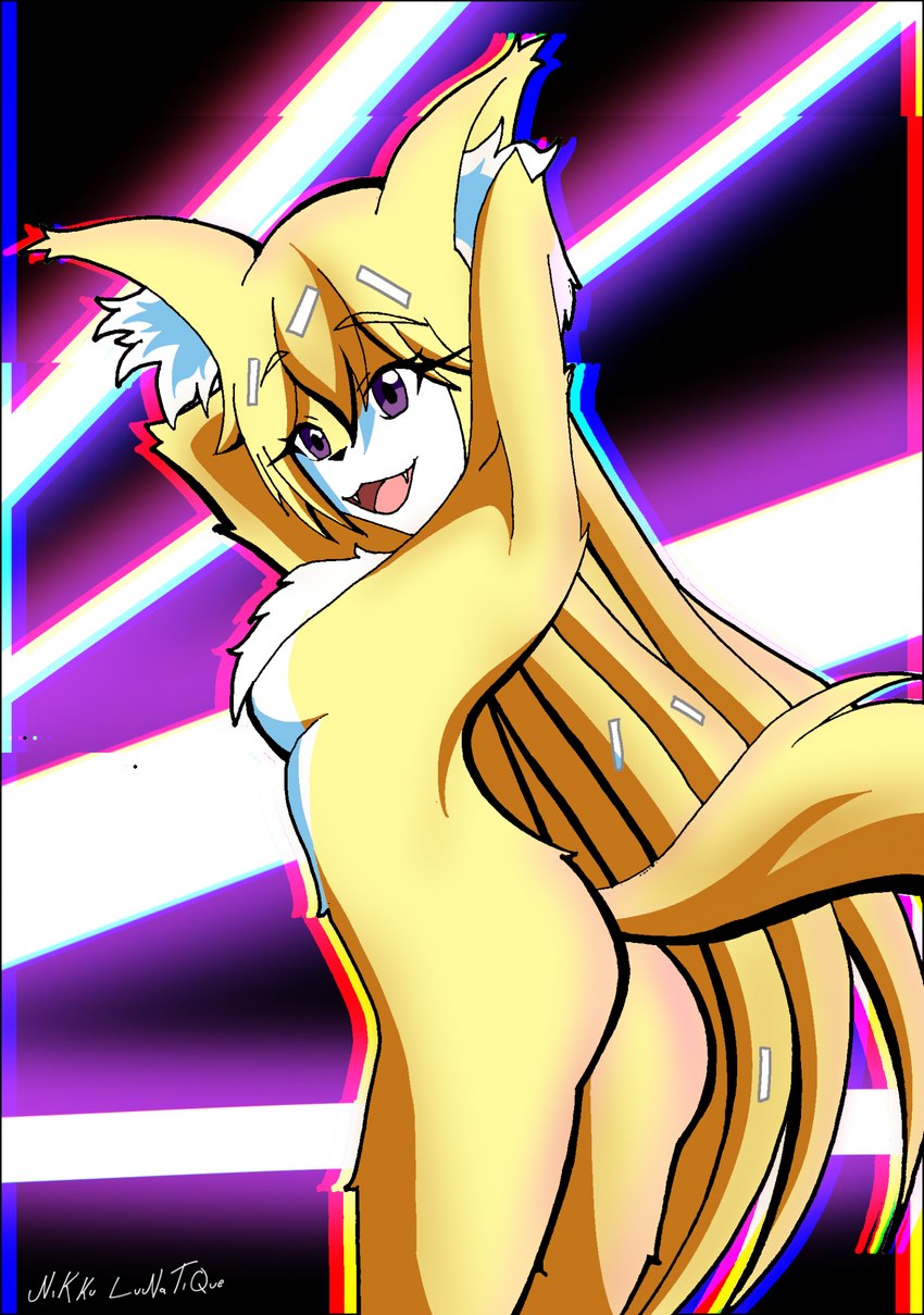 anthro arms_above_head blonde_hair breasts butt chest_tuft dandruff fangs female fur glitch hair hands_behind_head inner_ear_fluff long_hair looking_at_viewer looking_back neon_lights nude open_mouth purple_eyes raised_arms smile solo teeth tongue tuft white_body white_fur yellow_body yellow_fur nikku_lunatique ouko_furinji canid canine canis fox mammal hi_res