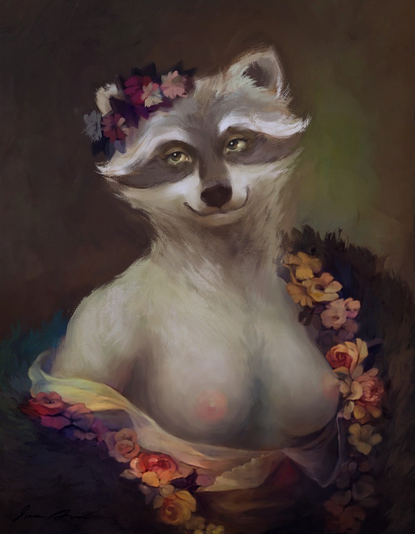 anthro areola breasts brown_body brown_fur clothed clothing exposed_breasts facial_markings female flower_on_head fur grey_body grey_fur head_markings looking_at_viewer markings mask_(marking) nipples simple_background smile solo topwear ira-arn mammal procyonid raccoon 2019 half-length_portrait hi_res portrait