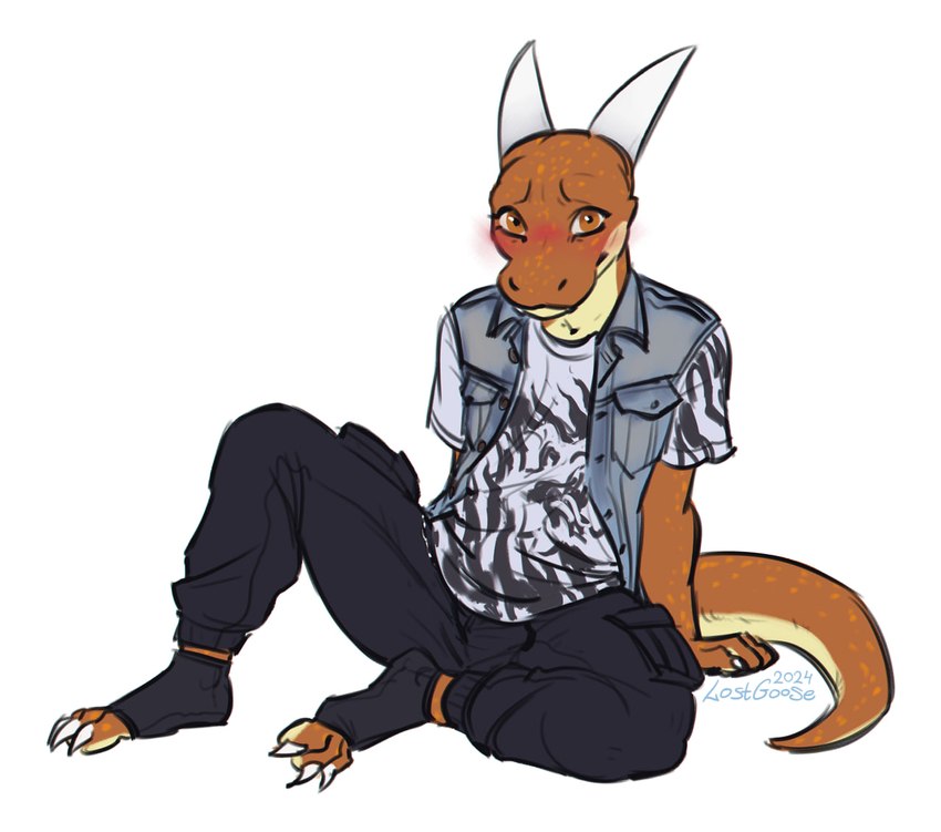 anthro black_bottomwear black_clothing black_pants blush bottomwear clothed clothing horn male multicolored_body orange_body pants simple_background solo two_tone_body white_horn lostgoose rise_(poverizer) scalie colored_sketch sketch