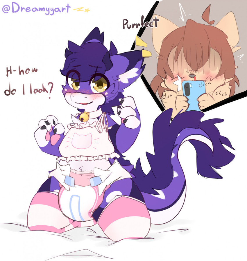 anthro blush brown_body brown_fur brown_hair clean_diaper clothed clothing collar dialogue diaper duo femboy fur hair kemono kneeling legwear looking_at_viewer male phone_call purple_hair short_hair simple_background tail thigh_highs wearing_diaper wetness_indicator white_diaper yellow_eyes dreamyart mythology flexy_(dreamyart) koruko domestic_cat dragon felid feline felis hybrid mammal mythological_creature mythological_scalie scalie unknown_species hi_res