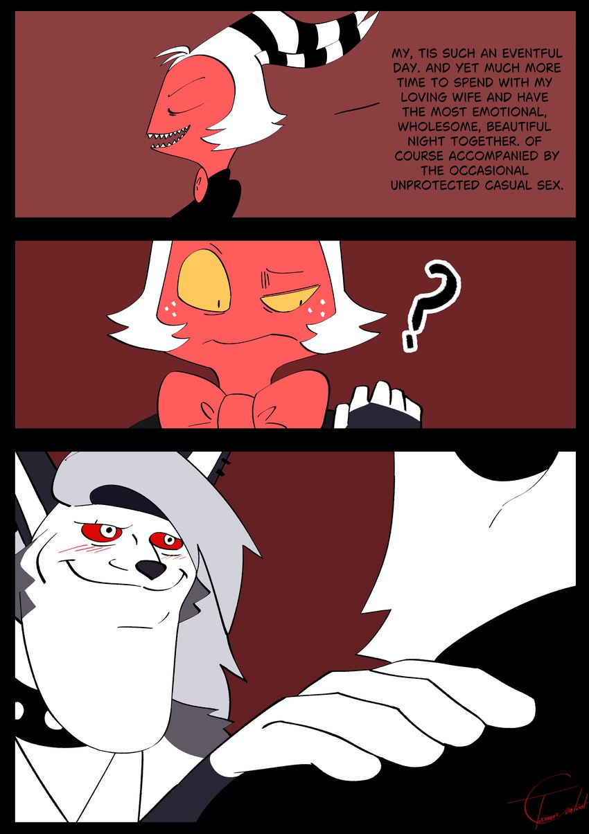 anthro clothed clothed_anthro clothed_female clothing comic_panel dialogue fur meme_face meme_pose red_body teeth white_body white_fur toonarscontent akakichi_no_eleven_redraw helluva_boss loona_(helluva_boss) moxxie_(helluva_boss) canid canine imp mammal absurd_res comic hi_res meme