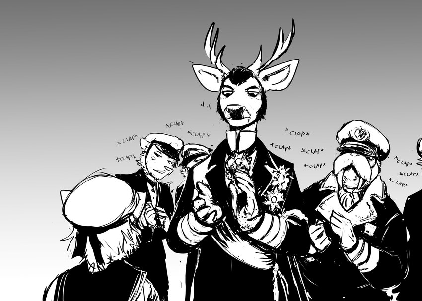 admiral anthro antlers clapping crowd facial_hair gradient_background group horn male sideburns simple_background hladilnik deer_admiral_(hladilnik) ship's_catboy_(hladilnik) deer domestic_cat felid feline felis mammal marine pinniped walrus 2022 greyscale hi_res monochrome