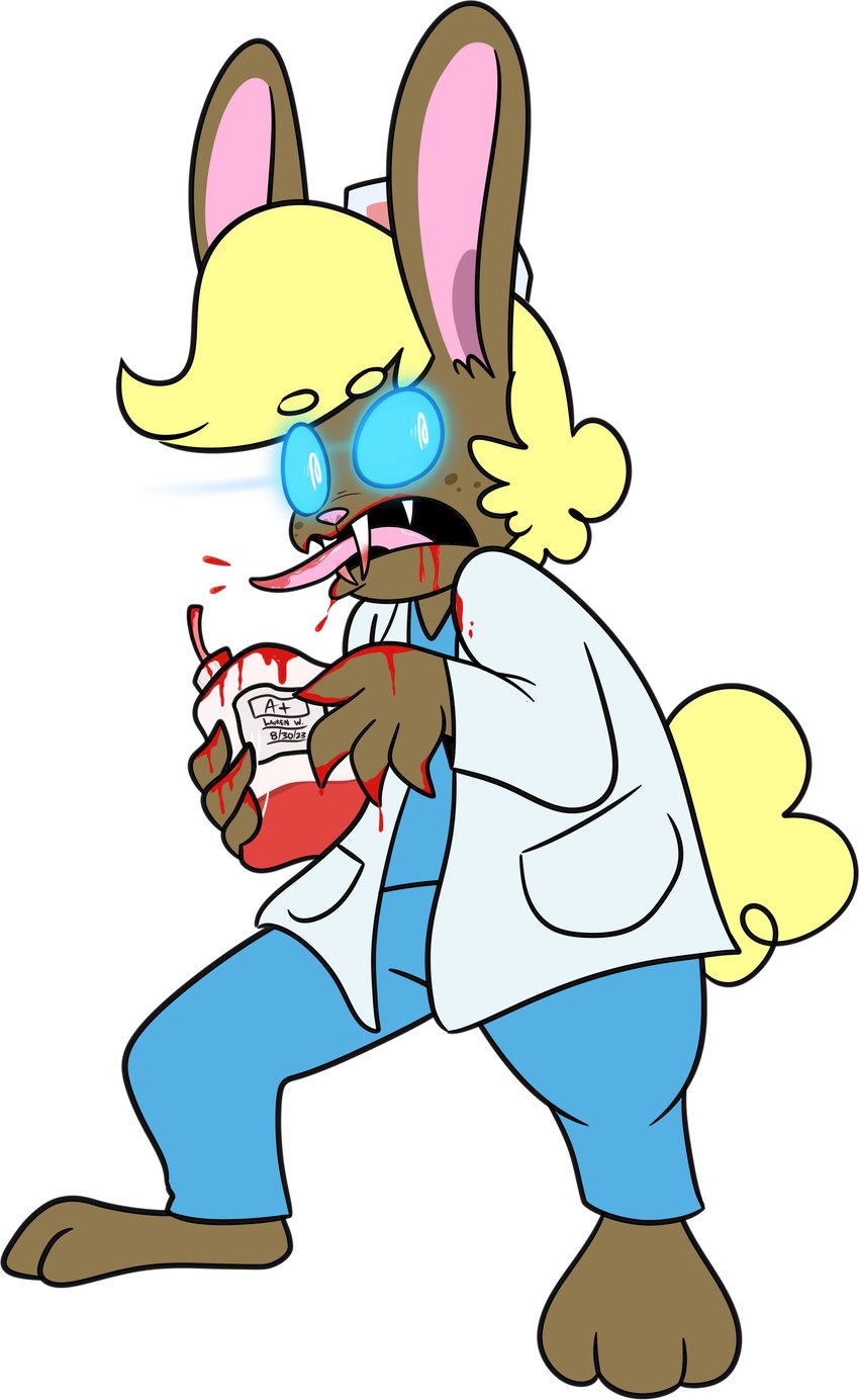 3_toes 4_fingers anthro barefoot biped black_mouth black_text blonde_eyebrows blonde_hair blood blood_bag blood_in_mouth blood_on_clothing blood_on_face blood_on_hand blood_on_mouth blood_on_shoulder blood_on_teeth blood_on_tongue blood_type blue_bottomwear blue_clothing blue_glow blue_sclera blue_scrubs blue_shirt blue_shorts blue_topwear bodily_fluids bottomwear brown_body brown_ears brown_freckles brown_fur caught clothed clothed_anthro clothed_male clothing coat cotton_tail drinking drinking_blood eyebrow_through_hair eyebrows fangs feet fingers freckles front_view fur glistening glistening_tongue glowing glowing_eyes hair hat headgear headwear intravenous_bag lab_coat long_tail male male_anthro nurse nurse_clothing nurse_hat nurse_headwear nurse_uniform open_lab_coat open_mouth pink_inner_ear pink_nose pink_tongue pockets rabbit_ears scrubs sharp_teeth shirt shorts simple_background solo tail teeth text three-quarter_view toes tongue tongue_out topwear translucent translucent_hair uniform white_clothing white_eyes white_hat white_headwear white_lab_coat yellow_tail chokovit_(artist) valentine_fleischer lagomorph leporid mammal rabbit vampire 2023 absurd_res colored digital_drawing_(artwork) digital_media_(artwork) english_description full-length_portrait german_description hi_res portrait