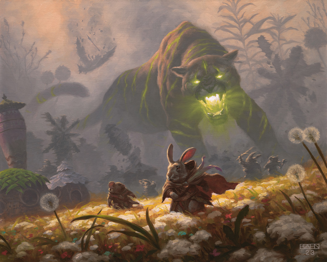 ambiguous_gender anthro brown_body brown_fur building cape clothing dandelion dutch_angle extreme_size_difference feral flower fur glowing glowing_eyes glowing_mouth group holding_melee_weapon holding_object holding_sword holding_weapon house leaf_clothing looking_back macro melee_weapon open_mouth plant polearm red_cape red_clothing sharp_teeth size_difference smoke spear sword tail teeth weapon windmill chris_rahn hasbro magic:_the_gathering wizards_of_the_coast avian bird felid lagomorph leporid mammal mouse murid murine rabbit rodent 2023 hi_res official_art traditional_media_(artwork)