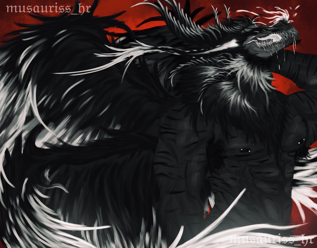 abs anthro bodily_fluids cloud fire fur hair hell horn male muscular piercing saliva solo teeth tongue white_body white_eyes white_fur white_hair wings musauriss mythology musauriss_(hurion) demon dragon hybrid mythological_creature mythological_scalie scalie skulldog_(species) absurd_res hi_res