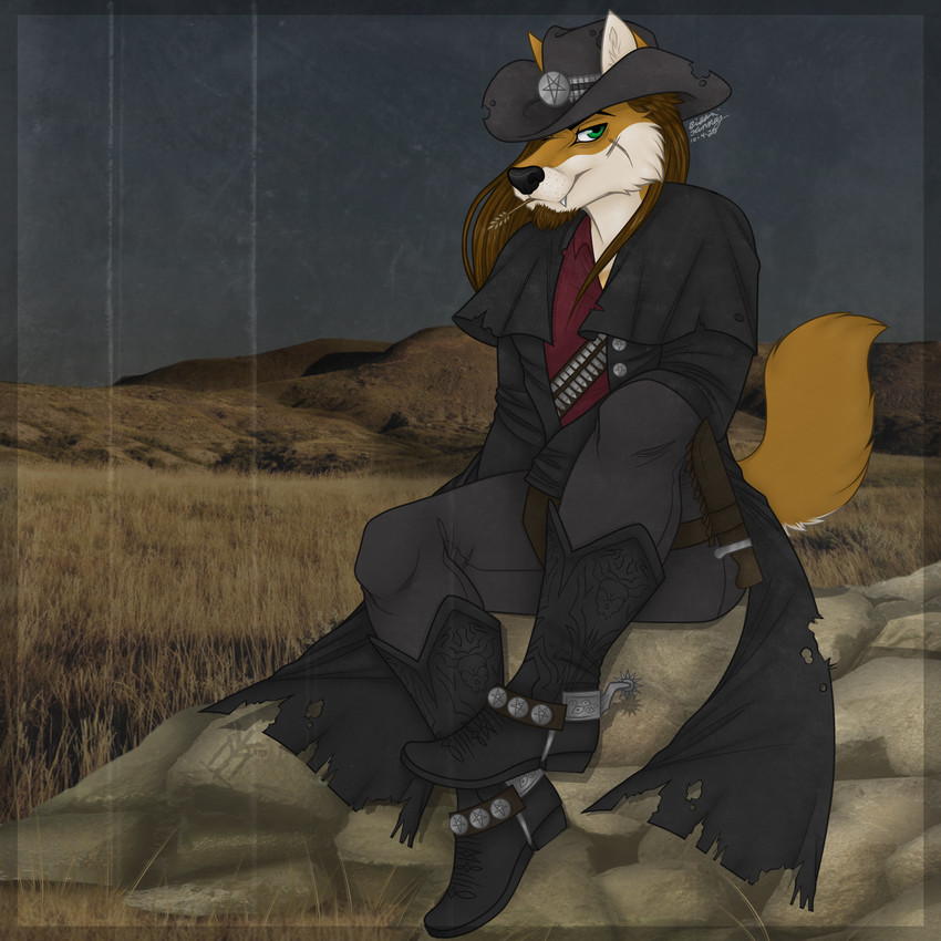 alternative_fashion anthro clothing cowboy goth hat headgear headwear male prairie solo western thehuntingwolf bundadingy canid canine canis dingo mammal 1:1 absurd_res digital_media_(artwork) full-length_portrait hi_res portrait