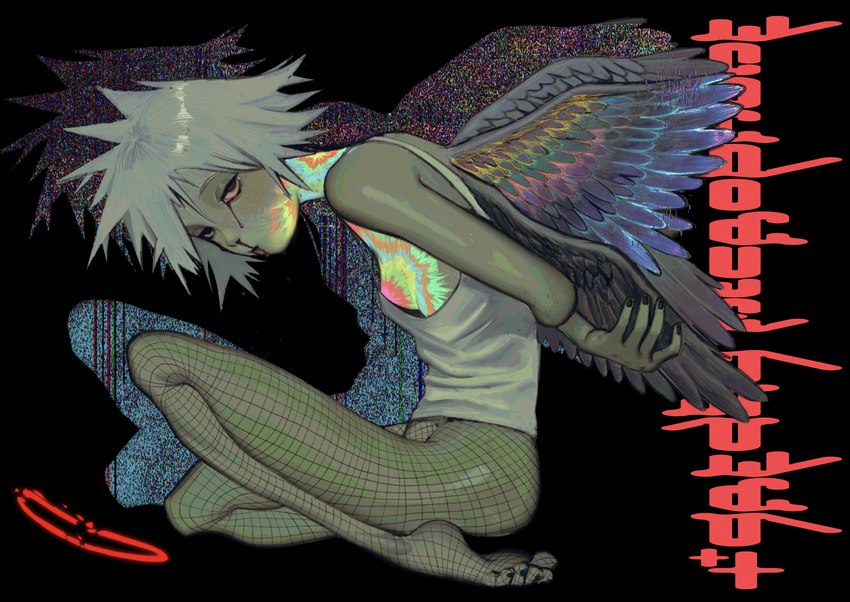 abstract_art blonde_hair bottomless broken_halo clothed clothing female hair halo kneeling legwear looking_at_viewer pantyhose shirt solo tank_top topwear wings greasymicrophone angel humanoid 2022 hi_res