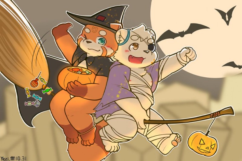 anthro belly blush candy clothing dessert duo eye_patch eyewear food fur hat headgear headwear holidays male nipples one_eye_closed outside sitting slightly_chubby white_body white_fur wink yezi_fff halloween ailurid bear mammal red_panda 2019