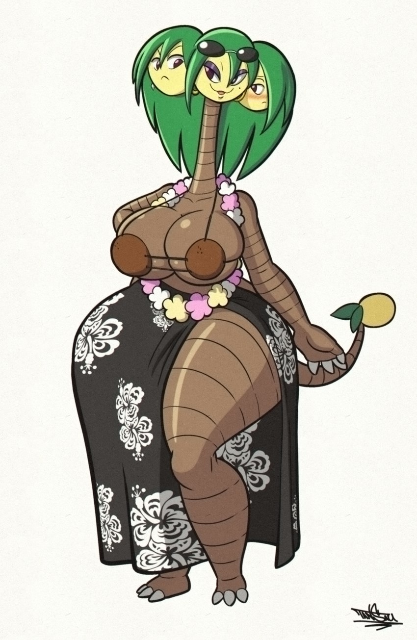 3_heads anthro bedroom_eyes big_breasts blush bottomwear breasts brown_body brown_eyes clothing coconut_bra ear_piercing ear_ring eyewear eyewear_on_head female frown green_hair hair huge_breasts huge_thighs lei markings mole_(marking) multi_head narrowed_eyes open_mouth piercing plant ring_piercing seductive solo sunglasses sunglasses_on_head thick_thighs tansau nintendo pokemon alolan_exeggutor alolan_form elemental_creature elemental_humanoid flora_fauna generation_7_pokemon humanoid plant_humanoid pokemon_(species) regional_form_(pokemon) 2022 absurd_res hi_res
