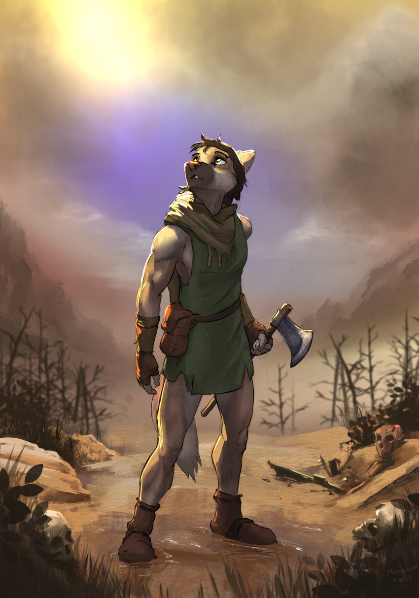 5_fingers anthro athletic athletic_anthro athletic_male axe biceps black_hair black_nose bone clothed clothing fingers fur grey_body grey_fur hair humanoid_hands looking_up male muscle_tone muscular_legs shirt skull solo standing topwear tunic marsonaut canid canine canis mammal wolf 2023 hi_res