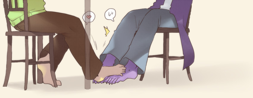 5_toes anthro barefoot bodily_fluids bottomwear chair claws clothing duo feet female foot_fetish foot_focus foot_play footsie furniture heart_symbol human_on_anthro interspecies jacket male male/female pants purple_body purple_skin romantic romantic_couple sitting soles sweat sweater toe_claws toes topwear under_table waist_down sskomu_(artist) deltarune undertale_(series) kris_(deltarune) susie_(deltarune) human mammal scalie