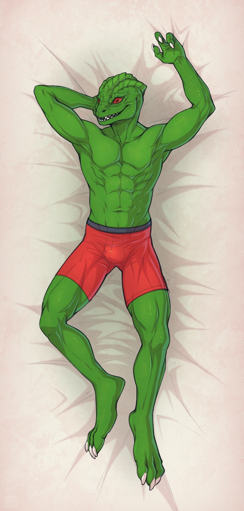 3_fingers anthro bulge clothing dakimakura fingers male muscular solo underwear tres-art star_wars alien lizard reptile scalie trandoshan absurd_res dakimakura_design hi_res