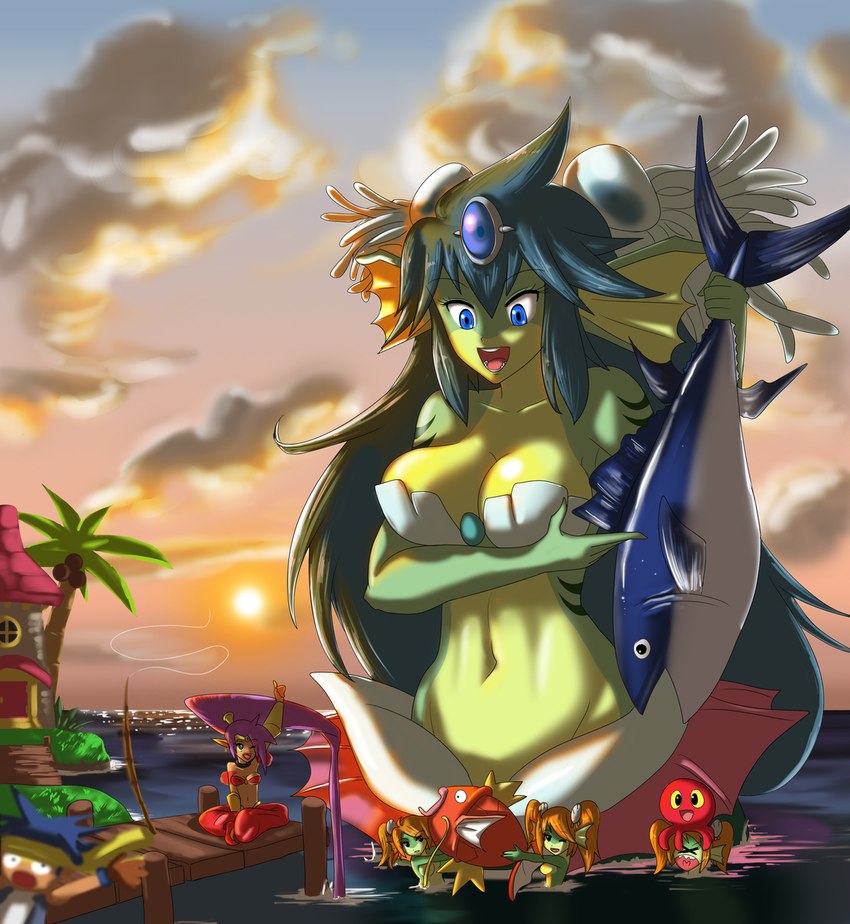 >_< anthro blue_hair bra breasts clothing eyes_closed featureless_breasts female green_body green_hair group hair long_hair macro male midriff navel open_mouth outside partially_submerged purple_hair seashell_bra sunset tongue tongue_out underwear sonicboom30813 nintendo pokemon shantae_(series) wayforward bolo_(shantae) giga_mermaid shantae cephalopod coleoid decapodiform fish generation_1_pokemon magikarp marine mollusk pokemon_(species) hi_res