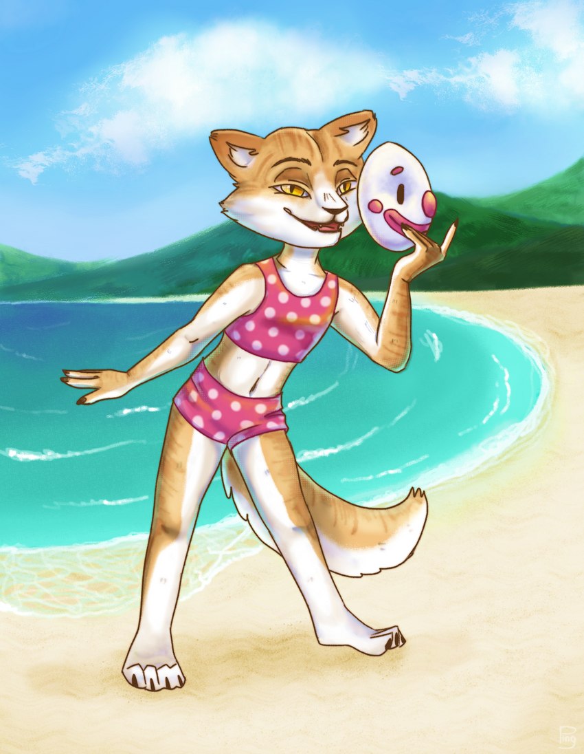 4_toes 5_fingers anthro beach bent_arm bikini bikini_shorts blue_sky cheek_tuft clothing cloud clown_mask eyebrows facial_tuft feet female fingers fur holding_object humanoid_hands looking_at_viewer mask mask_off midriff mountain nails navel open_mouth orange_body orange_ears orange_fur pattern_clothing pattern_topwear pink_bikini_bottom pink_bikini_top plant polka_dot_bikini polka_dots sand sea seaside sky slim solo spots spotted_clothing spotted_topwear swimwear tan_body tan_fur tankini teeth toes topwear tree tuft two-piece_swimsuit water white_body white_fur yellow_eyes p1ngu1ne domestic_cat felid feline felis mammal 2022 absurd_res digital_media_(artwork) hi_res shaded