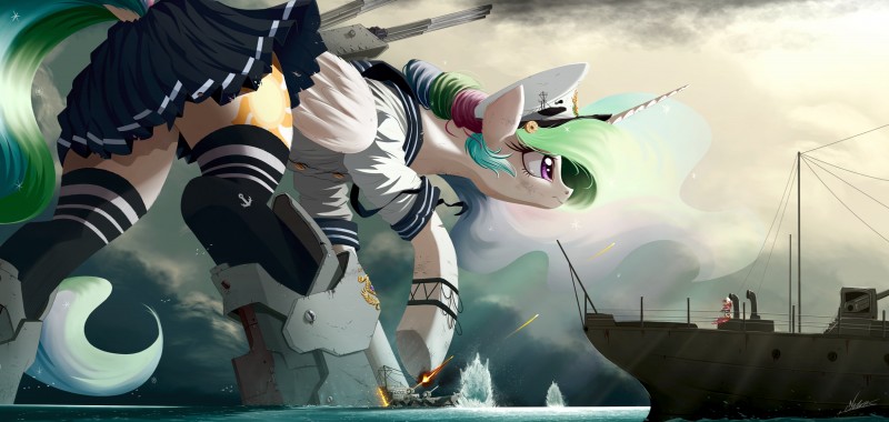 back_cannon battleship bottomwear clothed clothing cloud cutie_mark destruction detailed_background duo eyelashes female footwear hair hooves horn knee_highs knee_socks legwear mane mecha_musume multicolored_hair outside overcast purple_eyes school_uniform sea ship skirt sky socks stockings stripes uniform vehicle warship water watercraft wings ncmares friendship_is_magic hasbro my_little_pony mythology princess_celestia_(mlp) equid equine mammal mythological_creature mythological_equine winged_unicorn absurd_res digital_media_(artwork) hi_res shaded