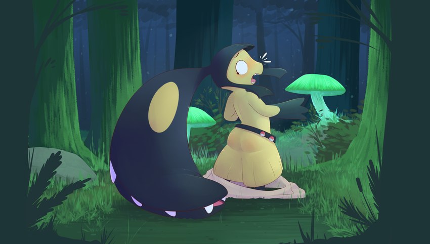 after_transformation ambiguous_gender belt blush butt clothing discarded_clothing duo feral forest fungus looking_back mushroom night nude outside oversized_clothing plant pokeball shocked shrunk tree fauvfox nintendo pokemon pokemon_trainer generation_3_pokemon mawile pokemon_(species) absurd_res hi_res