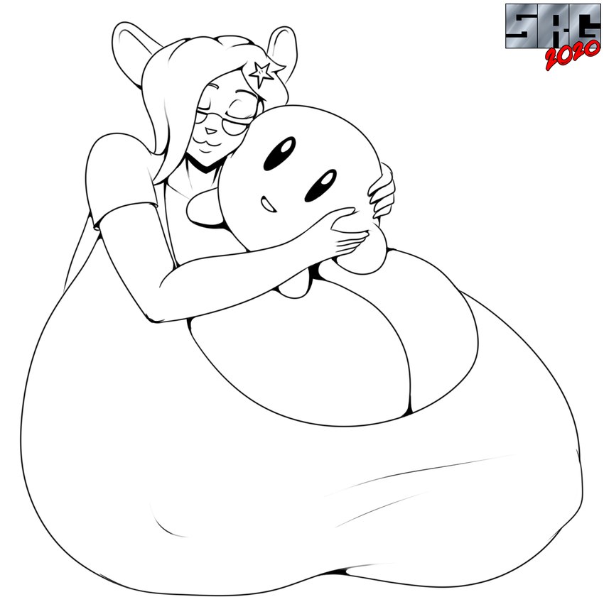 anthro beady_eyes big_breasts breasts clothed clothing erika_lexington eyes_closed eyewear female glasses holding_object holding_plushie huge_breasts hyper hyper_breasts logo nipple_outline plushie shirt simple_background solo t-shirt topwear romman08 kirby_(series) nintendo kirby mammal mouse murid murine rodent 2020 artist_logo dated hi_res spot_color